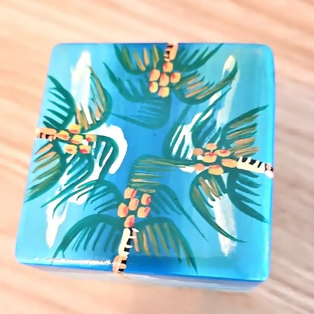 Gorgeous Hand-Painted Tropical Palm Trees and Man in a Canoe Wooden Trinket Box